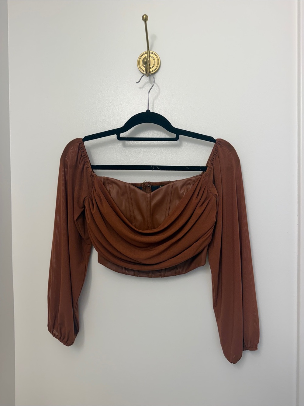 Women's Rust Brown Draped Leather Long Sleeve Top